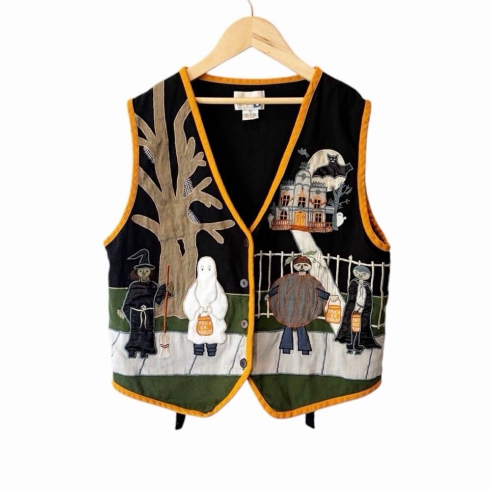 Paul Harris Design Halloween Vest M Pumpkin Ghost Witch Bat Applique Vintage